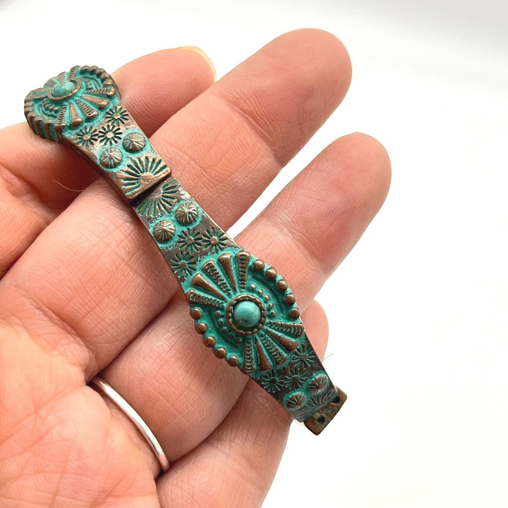 Southwestern Verdigris Copper Tone Stretch Panel Bracelet Faux‎ Turquoise Boho